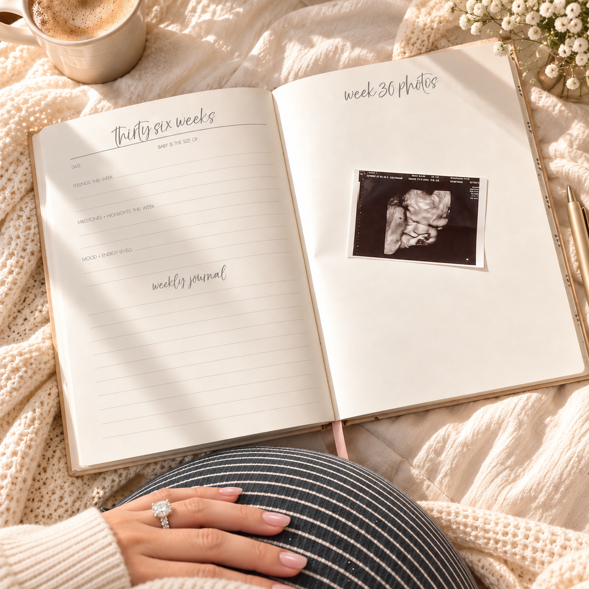 An open pregnancy journal lying on a cream knit blanket, with a pregnant person's hand resting on their belly. The journal pages are lined with handwritten text and a black-and-white ultrasound photo.